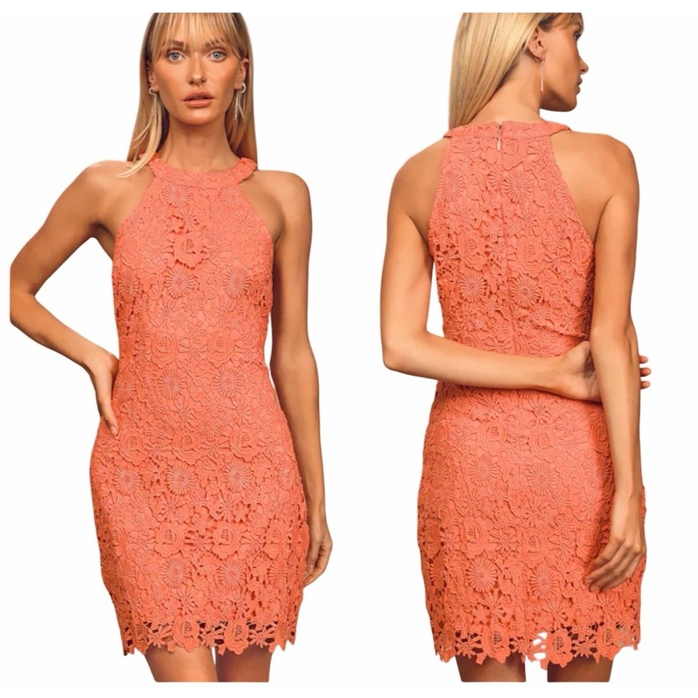 NWT Lulus Love Poem Mini Dress Sz M Coral Floral Crochet Lace Halter Sleeveless